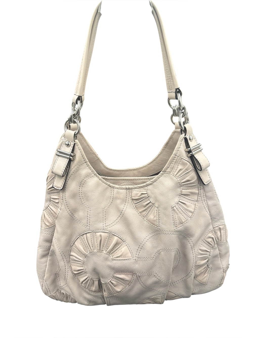 Coach Kristin Leather Pleated Floral Appliqué Hobo Shoulder Bag Ivory Taupe 2010
